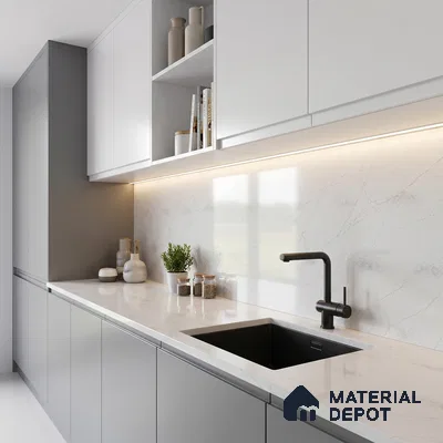 Belina Quartz QR 00008 Calacatta Goldline Viola Series 10.75 ft x 5.42 ft Quartz - 20 mm | 7 Years Warranty | Suitable for Kitchen, Restaurant, Counter Tops, Dining, Reception, office