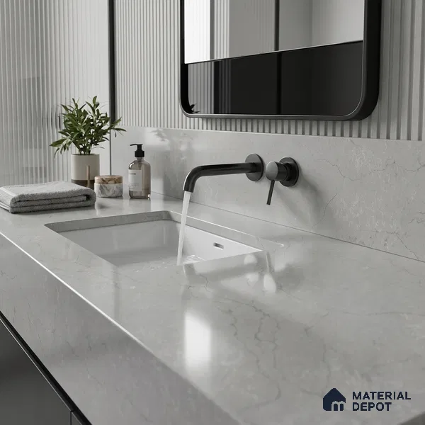 Belina Quartz QR 00009 Calacatta Silver Mist Viola Series 10.75 ft x 5.42 ft Quartz - 20 mm | 7 Years Warranty | Suitable for Kitchen, Restaurant, Counter Tops, Dining, Reception, office