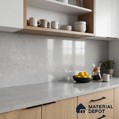 Belina Quartz QR 00009 Calacatta Silver Mist Viola Series 10.75 ft x 5.42 ft Quartz - 20 mm | 7 Years Warranty | Suitable for Kitchen, Restaurant, Counter Tops, Dining, Reception, office