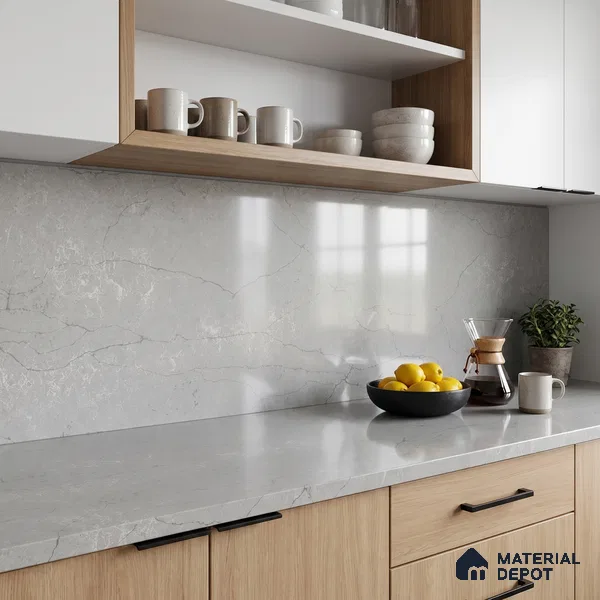 Belina Quartz QR 00009 Calacatta Silver Mist Viola Series 10.75 ft x 5.42 ft Quartz - 20 mm | 7 Years Warranty | Suitable for Kitchen, Restaurant, Counter Tops, Dining, Reception, office