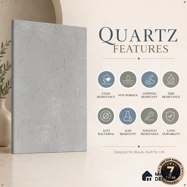 Belina Quartz QR 00009 Calacatta Silver Mist Viola Series 10.75 ft x 5.42 ft Quartz - 20 mm | 7 Years Warranty | Suitable for Kitchen, Restaurant, Counter Tops, Dining, Reception, office