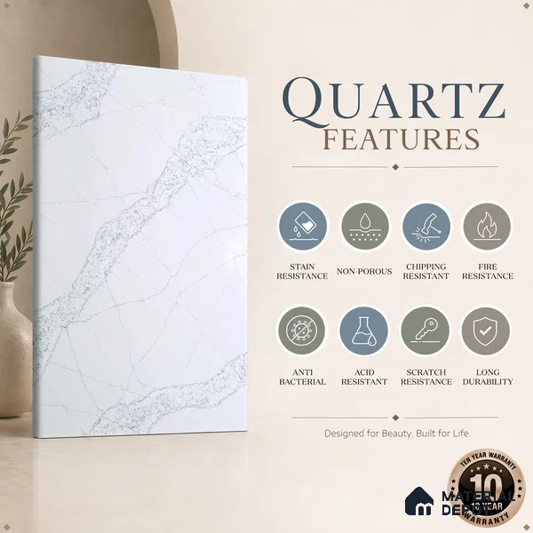 Belina Quartz QR 00022 Celestial Vein Regalia Series 11.42 ft x 6.58 ft Quartz - 20 mm | 10 Years Warranty | Suitable for Kitchen, Restaurant, Counter Tops, Dining, Reception, office