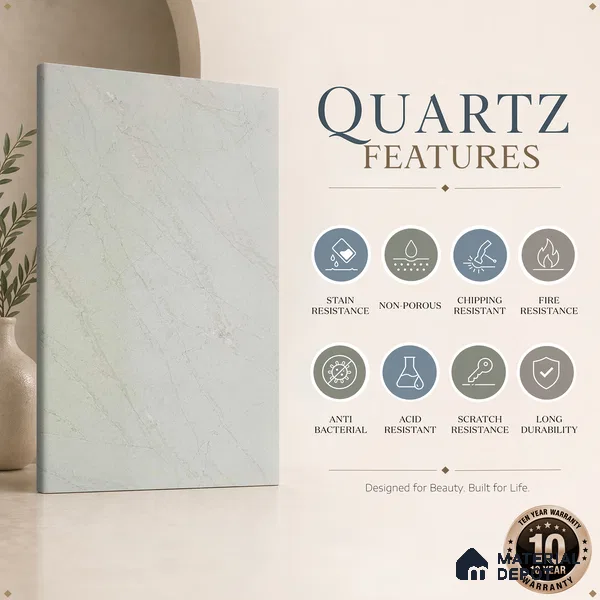Belina Quartz QR 00023 Celestial Veil Regalia Series 11.42 ft x 6.58 ft Quartz - 20 mm | 10 Years Warranty | Suitable for Kitchen, Restaurant, Counter Tops, Dining, Reception, office