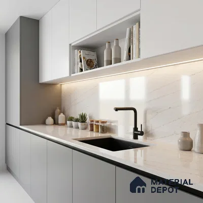 Belina Quartz QR 00024 Cloudline Vein Regalia Series 11.42 ft x 6.58 ft Quartz - 20 mm | 10 Years Warranty | Suitable for Kitchen, Restaurant, Counter Tops, Dining, Reception, office