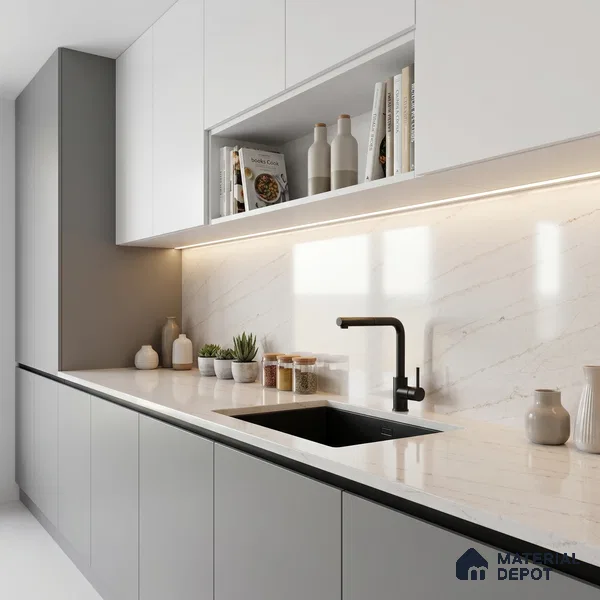 Belina Quartz QR 00024 Cloudline Vein Regalia Series 11.42 ft x 6.58 ft Quartz - 20 mm | 10 Years Warranty | Suitable for Kitchen, Restaurant, Counter Tops, Dining, Reception, office