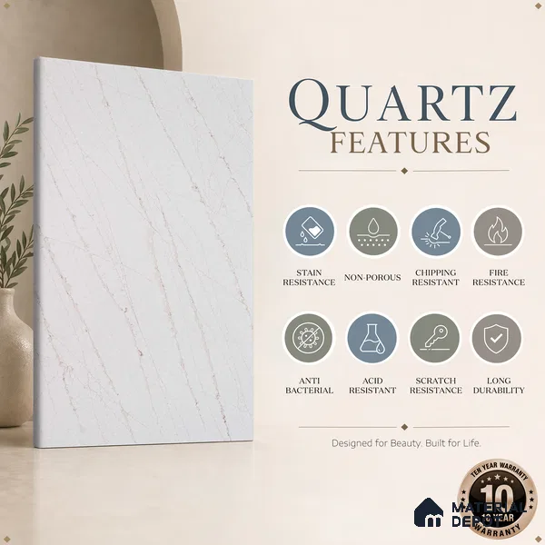 Belina Quartz QR 00024 Cloudline Vein Regalia Series 11.42 ft x 6.58 ft Quartz - 20 mm | 10 Years Warranty | Suitable for Kitchen, Restaurant, Counter Tops, Dining, Reception, office