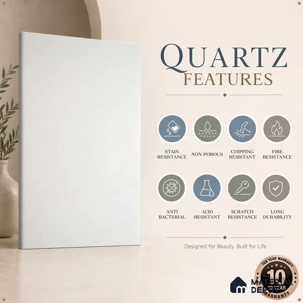 Belina Quartz QR 00026 Lunar Veil Regalia Series 11.42 ft x 6.58 ft Quartz - 20 mm | 10 Years Warranty | Suitable for Kitchen, Restaurant, Counter Tops, Dining, Reception, office