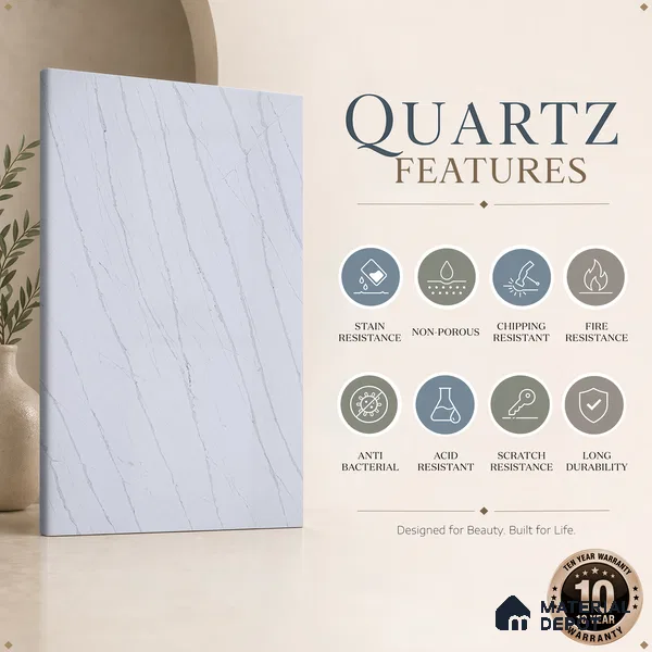 Belina Quartz QR 00027 Silver Drift Regalia Series 11.42 ft x 6.58 ft Quartz - 20 mm | 10 Years Warranty | Suitable for Kitchen, Restaurant, Counter Tops, Dining, Reception, office