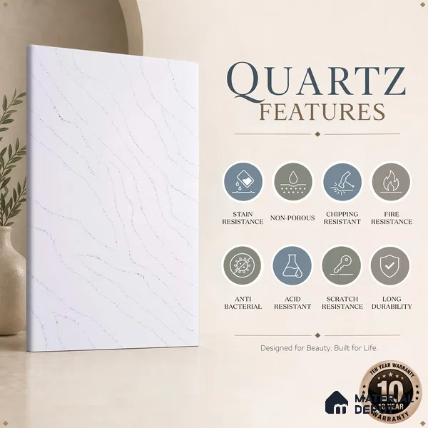 Belina Quartz QR 00032 Arctic Veil Regalia Series 11.42 ft x 6.58 ft Quartz - 20 mm | 10 Years Warranty | Suitable for Kitchen, Restaurant, Counter Tops, Dining, Reception, office