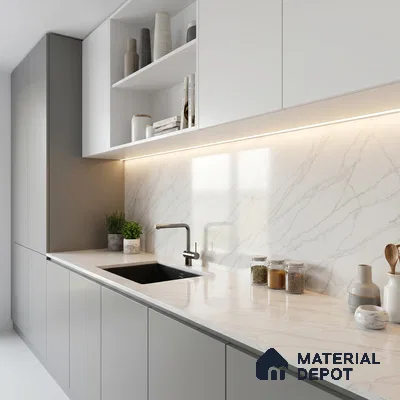 Belina Quartz QR 00035 Ivory Whisper Regalia Series 11.42 ft x 6.58 ft Quartz - 20 mm | 10 Years Warranty | Suitable for Kitchen, Restaurant, Counter Tops, Dining, Reception, office