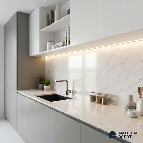 Belina Quartz QR 00035 Ivory Whisper Regalia Series 11.42 ft x 6.58 ft Quartz - 20 mm | 10 Years Warranty | Suitable for Kitchen, Restaurant, Counter Tops, Dining, Reception, office