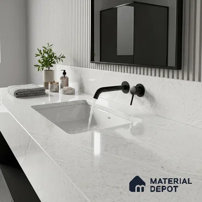 Belina Quartz QR 00036 Series Ivory Cascade Regalia Series 11.42 ft x 6.58 ft Quartz - 20 mm | 10 Years Warranty | Suitable for Kitchen, Restaurant, Counter Tops, Dining, Reception, office