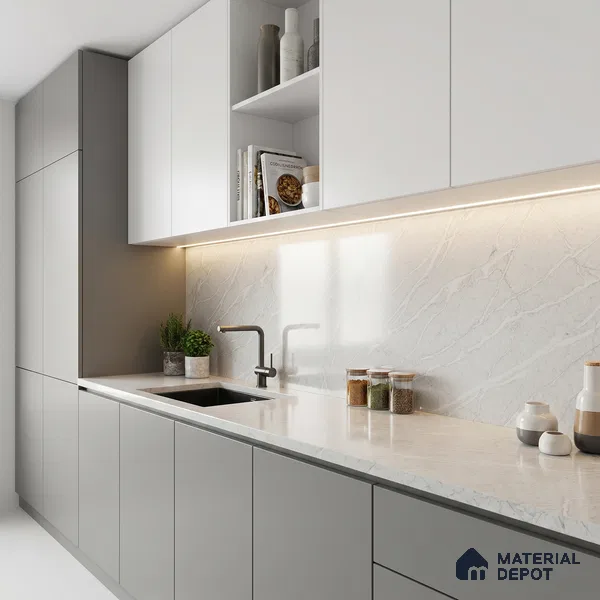 Belina Quartz QR 00036 Series Ivory Cascade Regalia Series 11.42 ft x 6.58 ft Quartz - 20 mm | 10 Years Warranty | Suitable for Kitchen, Restaurant, Counter Tops, Dining, Reception, office