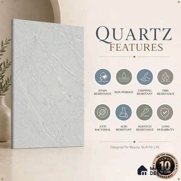 Belina Quartz QR 00036 Series Ivory Cascade Regalia Series 11.42 ft x 6.58 ft Quartz - 20 mm | 10 Years Warranty | Suitable for Kitchen, Restaurant, Counter Tops, Dining, Reception, office