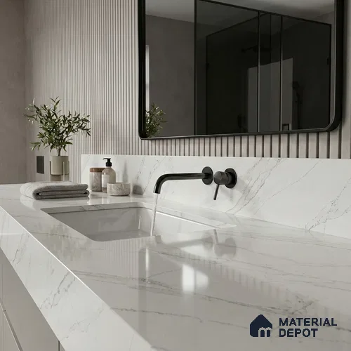 Belina Quartz QR 00038 Ivory Cascade Regalia Series 11.42 ft x 6.58 ft Quartz - 20 mm | 10 Years Warranty | Suitable for Kitchen, Restaurant, Counter Tops, Dining, Reception, office