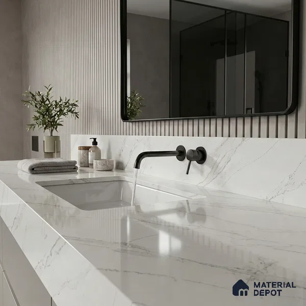 Belina Quartz QR 00038 Ivory Cascade Regalia Series 11.42 ft x 6.58 ft Quartz - 20 mm | 10 Years Warranty | Suitable for Kitchen, Restaurant, Counter Tops, Dining, Reception, office
