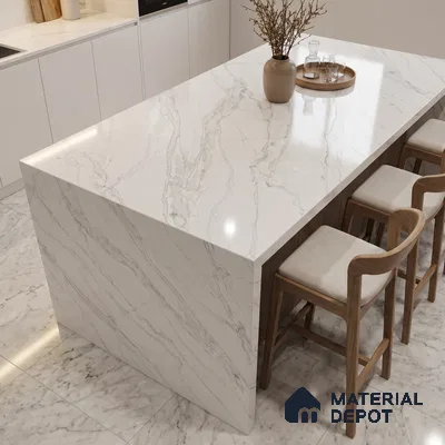 Belina Quartz QR 00038 Ivory Cascade Regalia Series 11.42 ft x 6.58 ft Quartz - 20 mm | 10 Years Warranty | Suitable for Kitchen, Restaurant, Counter Tops, Dining, Reception, office