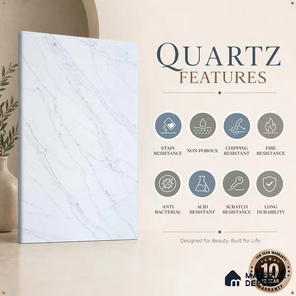Belina Quartz QR 00038 Ivory Cascade Regalia Series 11.42 ft x 6.58 ft Quartz - 20 mm | 10 Years Warranty | Suitable for Kitchen, Restaurant, Counter Tops, Dining, Reception, office