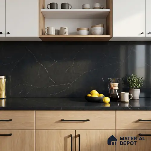 Belina Quartz QR 00043 Obsidian Veil Regalia Series 11.42 ft x 6.58 ft Quartz - 20 mm | 10 Years Warranty | Suitable for Kitchen, Restaurant, Counter Tops, Dining, Reception, office