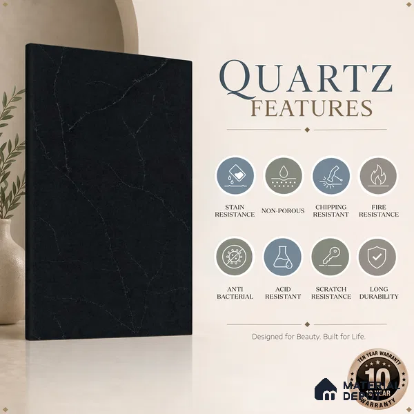 Belina Quartz QR 00043 Obsidian Veil Regalia Series 11.42 ft x 6.58 ft Quartz - 20 mm | 10 Years Warranty | Suitable for Kitchen, Restaurant, Counter Tops, Dining, Reception, office