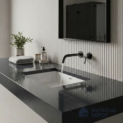 Belina Quartz QR 00044 Obsidian Veil Regalia Series 11.42 ft x 6.58 ft Quartz - 20 mm | 10 Years Warranty | Suitable for Kitchen, Restaurant, Counter Tops, Dining, Reception, office