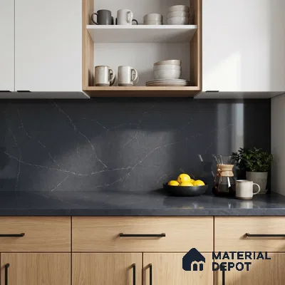 Belina Quartz QR 00044 Obsidian Veil Regalia Series 11.42 ft x 6.58 ft Quartz - 20 mm | 10 Years Warranty | Suitable for Kitchen, Restaurant, Counter Tops, Dining, Reception, office