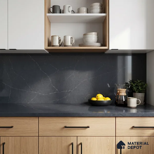 Belina Quartz QR 00044 Obsidian Veil Regalia Series 11.42 ft x 6.58 ft Quartz - 20 mm | 10 Years Warranty | Suitable for Kitchen, Restaurant, Counter Tops, Dining, Reception, office