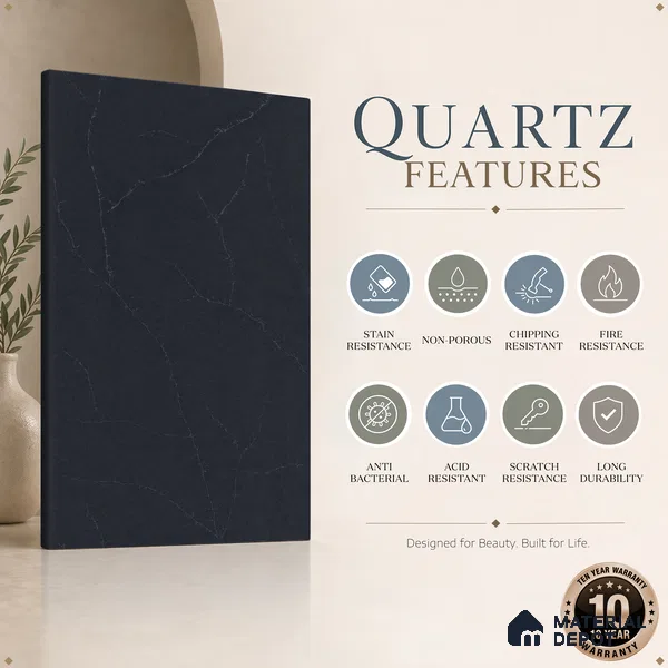 Belina Quartz QR 00044 Obsidian Veil Regalia Series 11.42 ft x 6.58 ft Quartz - 20 mm | 10 Years Warranty | Suitable for Kitchen, Restaurant, Counter Tops, Dining, Reception, office