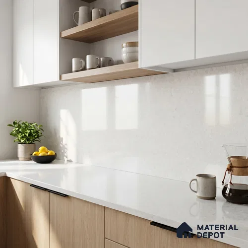 Belina Quartz QR 00048 Ivory Whisper Regalia Series 11.42 ft x 6.58 ft Quartz - 20 mm | 10 Years Warranty | Suitable for Kitchen, Restaurant, Counter Tops, Dining, Reception, office