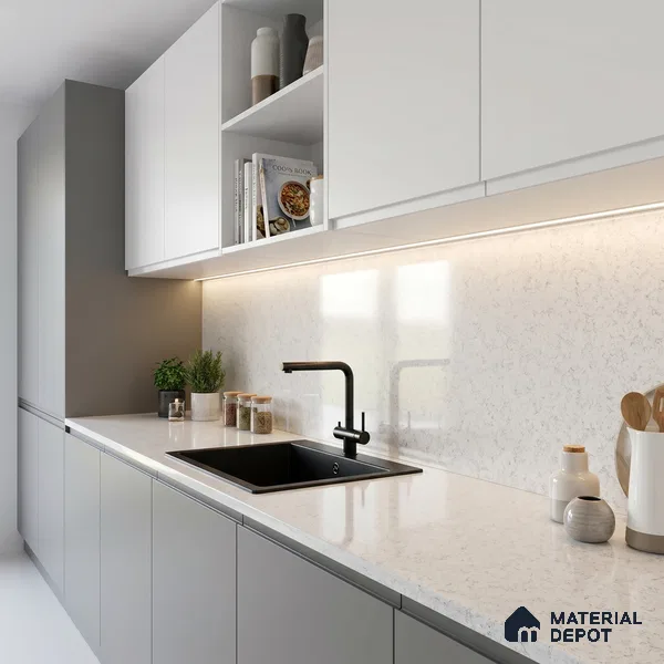 Belina Quartz QR 00062 Opaline Mist Regalia Series 11.42 ft x 6.58 ft Quartz - 20 mm | 10 Years Warranty | Suitable for Kitchen, Restaurant, Counter Tops, Dining, Reception, office