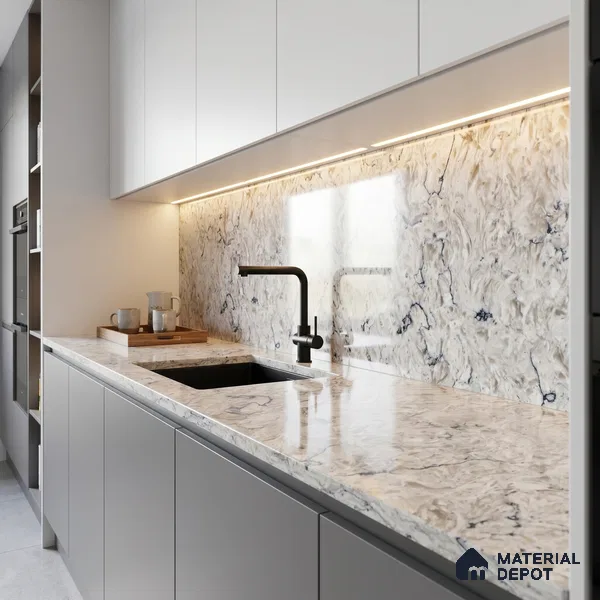 Belina Quartz QR 00074 B Arctic Swirl Viola Series 10.75 ft x 2.71 ft Quartz - 20 mm | 7 Years Warranty | Suitable for Kitchen, Restaurant, Counter Tops, Dining, Reception, office