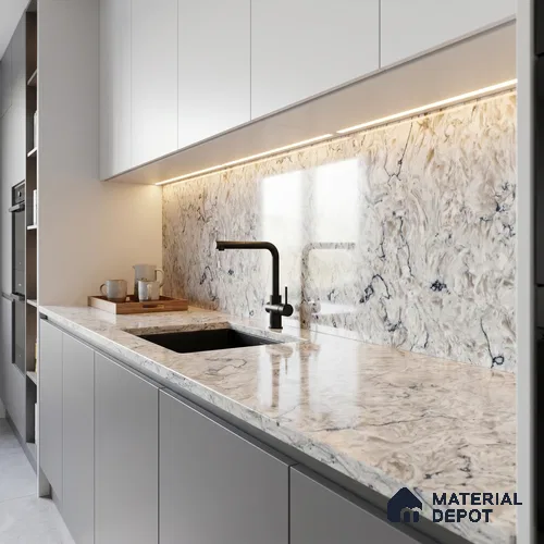 Belina Quartz QR 00074 B Arctic Swirl Viola Series 10.75 ft x 2.71 ft Quartz - 20 mm | 7 Years Warranty | Suitable for Kitchen, Restaurant, Counter Tops, Dining, Reception, office