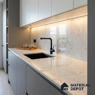 Belina Quartz QR 00075 B Frosted Calacatta Viola Series 10.75 ft x 2.71 ft Quartz - 20 mm | 7 Years Warranty | Suitable for Kitchen, Restaurant, Counter Tops, Dining, Reception, office