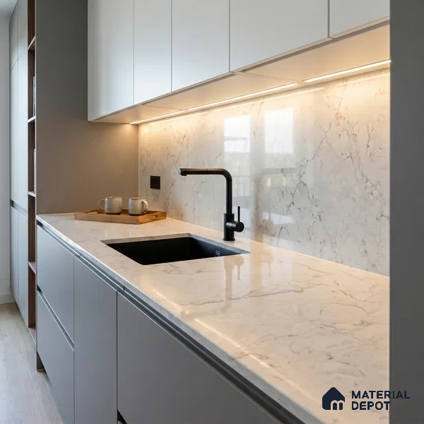 Belina Quartz QR 00075 B Frosted Calacatta Viola Series 10.75 ft x 2.71 ft Quartz - 20 mm | 7 Years Warranty | Suitable for Kitchen, Restaurant, Counter Tops, Dining, Reception, office