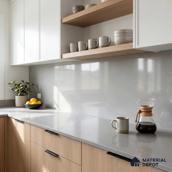 Belina Quartz QR 00077 Silver Cascade Viola Series 10.01 ft x 4.76 ft Quartz - 20 mm | 7 Years Warranty | Suitable for Kitchen, Restaurant, Counter Tops, Dining, Reception, office