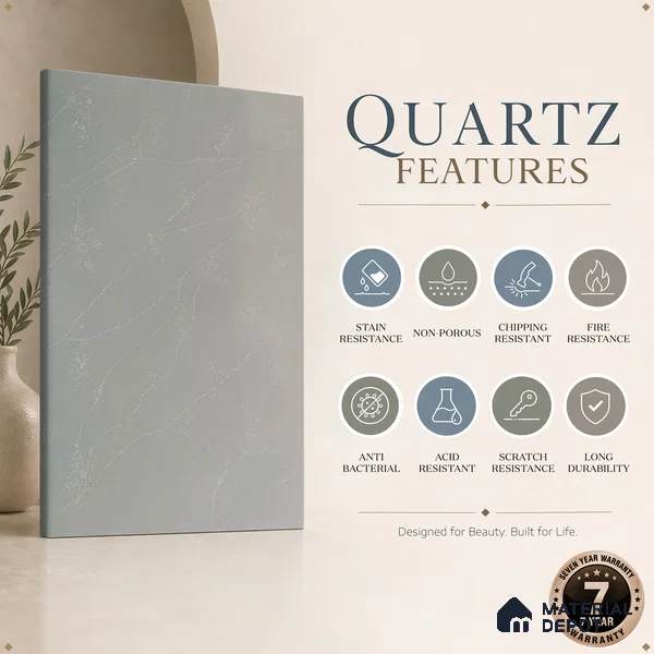 Belina Quartz QR 00077 Silver Cascade Viola Series 10.01 ft x 4.76 ft Quartz - 20 mm | 7 Years Warranty | Suitable for Kitchen, Restaurant, Counter Tops, Dining, Reception, office