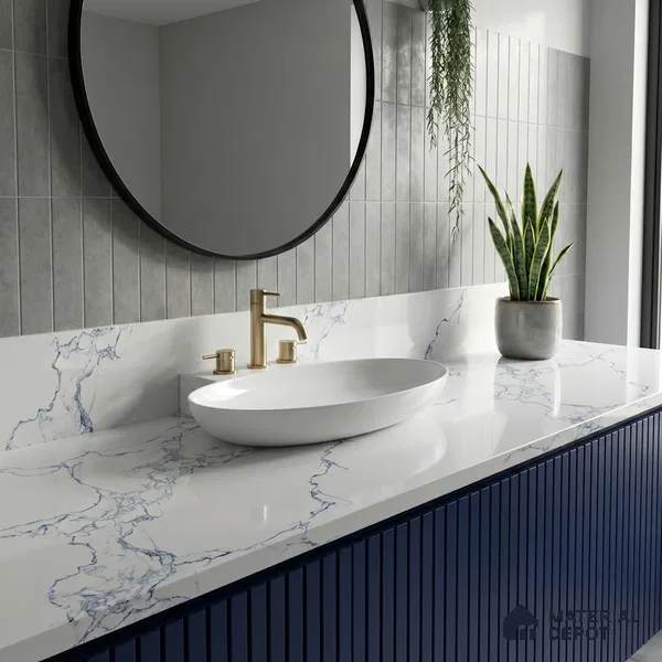 Belina Quartz QR 00079 C Calacatta Cobalt Vein Viola Series 10.75 ft x 2.71 ft Quartz - 20 mm | 7 Years Warranty | Suitable for Kitchen, Restaurant, Counter Tops, Dining, Reception, office