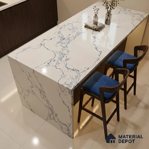Belina Quartz QR 00079 C Calacatta Cobalt Vein Viola Series 10.75 ft x 2.71 ft Quartz - 20 mm | 7 Years Warranty | Suitable for Kitchen, Restaurant, Counter Tops, Dining, Reception, office