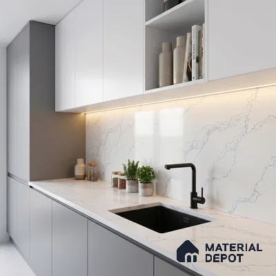 Belina Quartz QR 00079 Calacatta Cobalt Vein Viola Series 10.75 ft x 5.42 ft Quartz - 20 mm | 7 Years Warranty | Suitable for Kitchen, Restaurant, Counter Tops, Dining, Reception, office