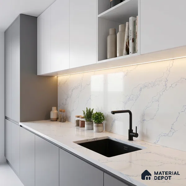 Belina Quartz QR 00079 Calacatta Cobalt Vein Viola Series 10.75 ft x 5.42 ft Quartz - 20 mm | 7 Years Warranty | Suitable for Kitchen, Restaurant, Counter Tops, Dining, Reception, office