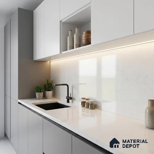 Belina Quartz QR 00081 B Carrara Mist Viola Series 10.75 ft x 2.71 ft Quartz - 20 mm | 7 Years Warranty | Suitable for Kitchen, Restaurant, Counter Tops, Dining, Reception, office