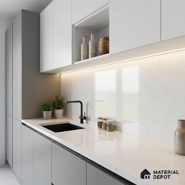 Belina Quartz QR 00081 B Carrara Mist Viola Series 10.75 ft x 2.71 ft Quartz - 20 mm | 7 Years Warranty | Suitable for Kitchen, Restaurant, Counter Tops, Dining, Reception, office