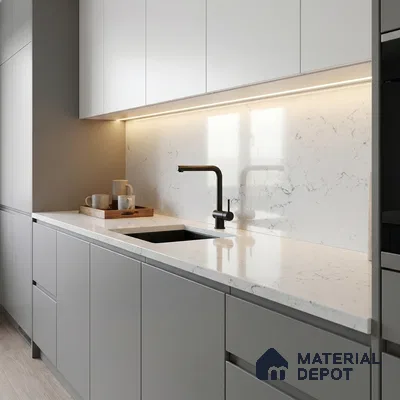 Belina Quartz QR 00082 B Carrara Venatino Viola Series 10.75 ft x 2.71 ft Quartz - 20 mm | 7 Years Warranty | Suitable for Kitchen, Restaurant, Counter Tops, Dining, Reception, office