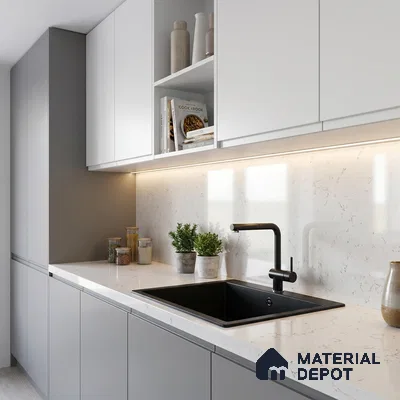 Belina Quartz QR 00084 B Carrara Mist Viola Series 10.75 ft x 2.71 ft Quartz - 20 mm | 7 Years Warranty | Suitable for Kitchen, Restaurant, Counter Tops, Dining, Reception, office