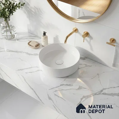 Belina Quartz QR 00092 Calacatta Lugano Vein Viola Series 10.75 ft x 5.42 ft Quartz - 20 mm | 7 Years Warranty | Suitable for Kitchen, Restaurant, Counter Tops, Dining, Reception, office
