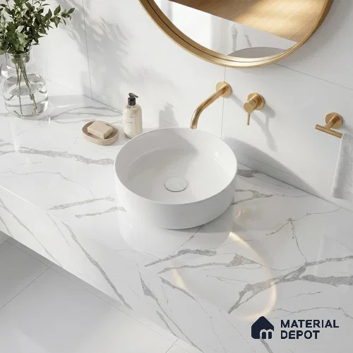 Belina Quartz QR 00092 Calacatta Lugano Vein Viola Series 10.75 ft x 5.42 ft Quartz - 20 mm | 7 Years Warranty | Suitable for Kitchen, Restaurant, Counter Tops, Dining, Reception, office