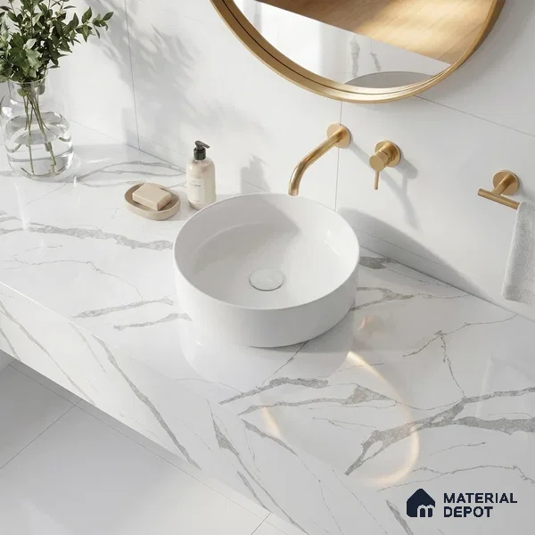 Belina Quartz QR 00092 Calacatta Lugano Vein Viola Series 10.75 ft x 5.42 ft Quartz - 20 mm | 7 Years Warranty | Suitable for Kitchen, Restaurant, Counter Tops, Dining, Reception, office