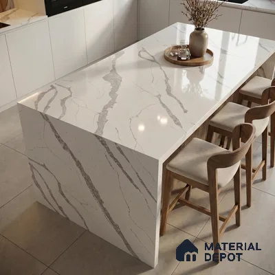 Belina Quartz QR 00092 Calacatta Lugano Vein Viola Series 10.75 ft x 5.42 ft Quartz - 20 mm | 7 Years Warranty | Suitable for Kitchen, Restaurant, Counter Tops, Dining, Reception, office