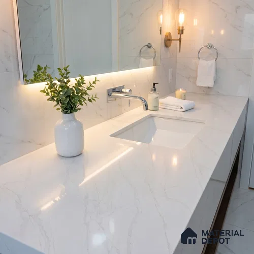Belina Quartz QR 00093 Ivory Cascade Regalia Series 11.42 ft x 6.58 ft Quartz - 20 mm | 10 Years Warranty | Suitable for Kitchen, Restaurant, Counter Tops, Dining, Reception, office
