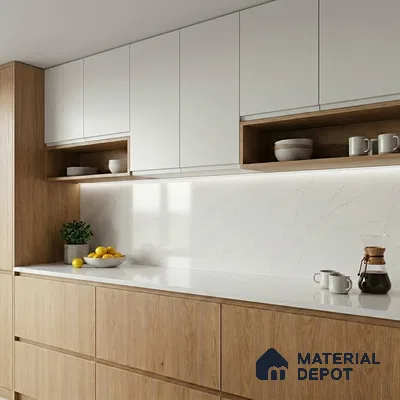 Belina Quartz QR 00093 Ivory Cascade Regalia Series 11.42 ft x 6.58 ft Quartz - 20 mm | 10 Years Warranty | Suitable for Kitchen, Restaurant, Counter Tops, Dining, Reception, office